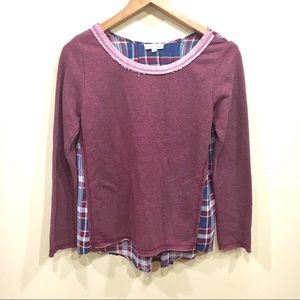 Hem & Thread Crew neck sweater with sheer plaid back